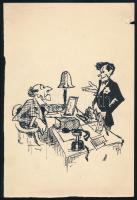 Olvashatatlan (M?) jelzéssel: Tere-fere a telefonnál (illusztráció v. karikatúra?). Tus, papír. Lap széle sérült. 21,5x14,5 cm