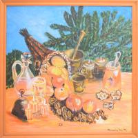 Thormáné Kiss M jelzéssel: Csendélet. Olaj, falemez. Fakeretben. 42x42 cm