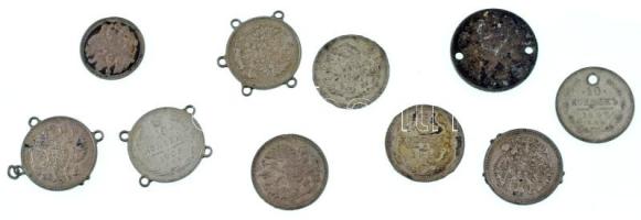 Orosz Birodalom 1906-1915. 10db gyengébb tartású Ag kopeck, közte több foglalatban volt és lyukasztott T:vegyes Russian Empire 1906-1915. 10pcs Ag Kopecks in bad condition, including some framed, few holed C:mixed