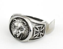 Acél motoros gyűrű, oroszlánmaszk díszítéssel, m: 68, újszerű
