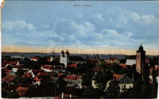 1917 Léva, Levice; látkép, római katolikus templom, református templom, zsinagóga. Schulcz Ignác kiadása / general view, Roman Catholic church, Calvinist church, synagogue (EM)
