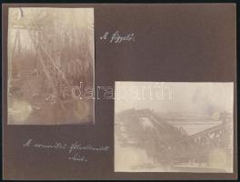 cca 1914-1918 Magyar katonák és a felrobbantott csernovici híd, 2 db albumlapra felragasztott fotó feliratozva, 9×11 cm