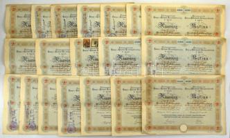 Budapest 1926. "Felsőmagyarországi Bánya- és Kohómű Részvénytársaság" 5db részvénye egyben, egyenként 25P-ről, szárazpecséttel, szelvényekkel (19x), közte sorszámkövetők T:F foltok / Hungary / Budapest 1926. "Upper-Hungarian Mining and Smeltering Joint-Stock Company" five shares in one, each about 25 Pengő, with coupons, embossed stamp, overprint on watermarked paper (19x), with sequential serials C:F spotted