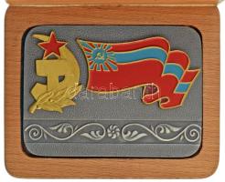 Szovjetunió / Grúzia ~1960-1980. fém plakett festett vörös csillaggal, aranyozott sarló-kalapács jelképpel, illetve a Grúz Szovjet Szocialista Köztársaság festett zászlajával eredeti fa dísztokban (108x79mm) T:AU Soviet Union / Georgia ~1960-1980. metal plaque with painted red star, gilt hammer and sickle symbol, and painted flag of the Georgian Soviet Socialist Republic, in original wooden case (108x79mm) C:AU