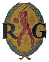 ~1945-1948. "RG" a Szociáldemokrata Párt (SZDP) Rendezői Gárda részben zománcozott bronz sapkajelvénye (54x42mm) T:AU apró zománchibák / Hungary ~1945-1948. "RG" partially enameled bronze cap badge of the Social Democratic Party (SZDP) Directors' Guard" (54x42mm) C:AU small enamel errors
