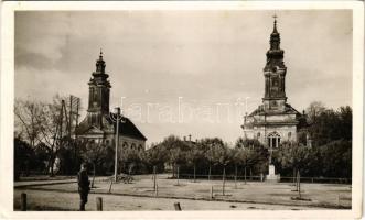 1941 Újverbász, Verbász, Novi Vrbas; református és evangélikus templom, Luther szobor. Garamszeghy Pál kiadása / Calvinist and Lutheran church, Martin Luther statue (fl)