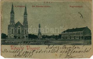 1900 Vinga, római katolikus templom, Szentháromság szobor, nagyvendéglő. Ertel és társa kiadása / Roman Catholic church, Holy Trinity statue, restaurant (EM)