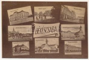 Békéscsaba, mozaiklap 8 képpel: gyalogsági laktanya, motor állomás, vasútállomás, kisvasút motorkocsi