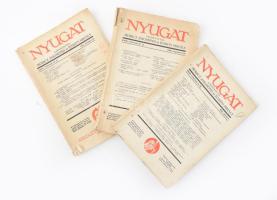 1930-31 Nyugat folyóirat három száma: 1930, 23. évf., 11. és 16 sz; 1931 24. évf., 20 sz.. Kiadói papírborítóban, sérült gerinccel, részben sérült és kissé foltos borítókkal, néhány lap széle sérült, 1931. sz. elvált a borítótól.