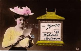 1906 Találka postaszekrény, hölgy levéllel. B. J. Bp. / rendez-vous mailbox