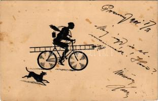 1901 Kéményseprő biciklin, kutyával. B.R.W. / chimney sweeper on bicycle with a dog. Emb. (fl)