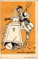 Petár harci készülődései. Grafikai Intézet R.T., Takács és Bálint kiadása / WWI Hungarian military mocking propaganda, Peter I King of Serbia, Serbian folklore s: Bernáth