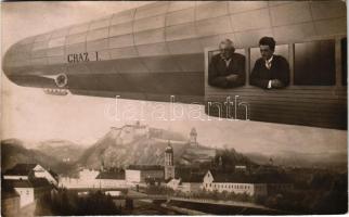 1912 Graz (Steiermark), Luftschiff Photographie. Rich. Gerstenberger / airship montage with the view of Graz. photo