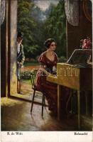 1916 Belauscht. Moderne Meister Arthur Rehn &amp; Co. Berlin No. 160. / kihallgatva / Eavesdropped s: R. de Witt + "MAGYAR KIRÁLYI SZERTÁRKIRENDELTSÉG GOMBOS" + "BROD - BUDAPEST 161" sz. vasúti mozgóposta bélyegző (EK)