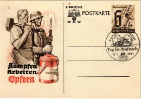 1941 Kämpfen Arbeiten Opfern. Winterhilfswerk 2. Kriegs WHW / "Fight, work, sacrifice" NSDAP German Nazi Party working class, labor propaganda, swastika; 6+4 Ga. s: Atel. Albrecht + "GRAZ STADT DER VOLKSERHEBUNG, TAG DER BRIEFMARKE 12.1.1941" So. Stpl (kis szakadás / small tear)