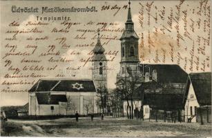 1906 Mezőkomárom, Templom tér, templomok. Fodor Jenő kiadása (fl)