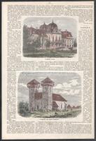 cca 1861 A gödöllői kastély és a nagylaki régi egyház Erdélyben, 2 db színezett rotációs fametszet egy lapon, papír, jelzés nélkül. Vasárnapi Újságból kiemelt, 11,5x15,5 és 13x18,5 cm