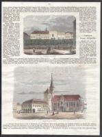 cca 1861 Lőcsei sétatér és főpiac, 2 db színezett rotációs fametszet egy lapon, papír, jelzés nélkül...