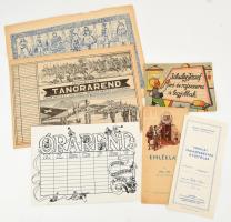 Iskolásoknak szóló nyomtatványok, össz. 6 db: Schuler József R.T. írószereket reklámozó színező füzet, Emléklap az 1948-1949. iskolai évről, Iskolai takarékbélyeg gyűjtőlap, órarendek. Vegyes állapotban.