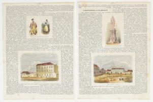 cca 1861 Pápai főiskola uj épülete és Márton István emlékszobrának tervrajza; Pápai főiskola ó épülete és vágvölgyi képek: VI. vriczkói népviselt. össz. 4 db színezett rotációs fametszet kettő lapon, papír. Pápai részletek Pollák Zsigmond (1837-1912) metszése, jelzett a metszeten, többi jelzés nélkül. Vasárnapi Újságból kiemelt, klf. méretekben