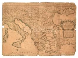 1672 Törökország európai részének térképe, rajta Magyarország és Erdély (Estats de l'Empire de Turqs en Europe ...), S. Sanson, Párizs, rézmetszet, papír, vászonra kasírozva, sérült, 59x86 cm