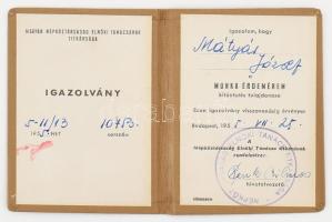 1955 Munka Érdemérem kitüntetés igazolványa