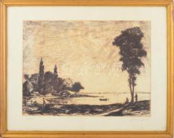 Boross Géza (1908-1971): Siófok, rézkarc, papír, jelzett, üvegezett fakeretben, 30×37 cm