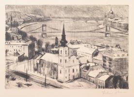 Fehér Ilona (1913-1983): Budapesti látkép. Rézkarc, papír, jelzett, kartonra kasírozva, 19,5×29 cm