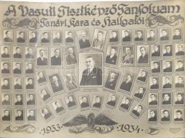 1933-1934 A Vasuti Tisztképző Tanfolyam tanári kara és hallgatói, tablókép, 20,5x28 cm, sarokhajlással.