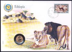 Etiópia 1936. 1c Haile Selassie érmés borítékon, egy etióp és egy ENSZ bélyeggel, utóbbi elsőnapi bélyegzéssel; hátoldali ismertetővel T:1