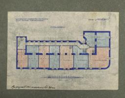 1911 Mindszenti takarékpénztár székház és bérház tervpályázatára készült 2 db rajz, udvari homlokzat és pince alaprajz, 1:200, akvarell, tus, papír, jelzés nélkül, kartonra kasírozva, 17x25 cm