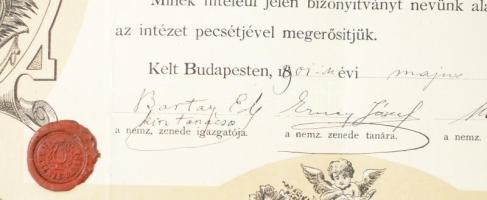 1901 Nemzeti Zenede bizonyítványa Vajdafy Emil  igazgató, Bartay Ede (1825-1901) zeneszerző aláírásá...