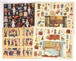 cca 1910 5 db kivágható öltöztetős baba és figura. Nem kivágott ívek 43x36 cm Litográfiák