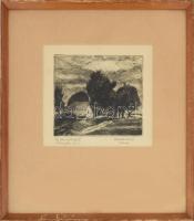 Dési Huber István (1895-1944): Rákoskeresztúr, Kis ház a fék alatt 1928. Rézkarc, papír, jelzett, üvegezett fakeretben. 15x6 cm