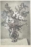 Gaál Domonkos (1940-2009): Őszi virágok. Rézkarc, papír, jelzett, számozott (74/100), üvegezett fakeretben, 25×39 cm