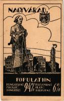 Nagyvárad, Oradea; népesség aránya, címer, Besskó Károly kiadása / Percentage of Hungarian and Romanian population. Irredenta art postcard with coat of arms. artist signed (vágott / cut)