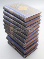 Arany János összes munkái. I., III-XII. köt. Bp., én., Franklin. Kiadói aranyozott, festett kék egészvászon-kötés, a borítón kopásnyomokkal, a VI. kötetben foltos lapokkal, a VII. kötetben laza fűzéssel, kissé sérült kötéssel, a VIII. kötet borítója elvált a könyvtesttől és az elülső előzéklap kijár, a IX. kötet foltos borítóval, a XII. kötet laza, kissé sérült kötéssel, kijáró elülső szennylappal és elülső előzéklappal. A II. kötet hiányzik. "Baross Gábor könyveiből" bélyegzéssel a címlapon.