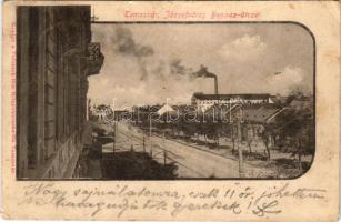 1901 Temesvár, Timisoara; Józsefváros, Bonnaz utca, vasútállomás. Polatsek féle könyvkereskedés kiadása / street, railway station + "TEMESVÁR - ARAD 93.SZ." vasúti mozgóposta bélyegző (ázott sarok / wet corner)