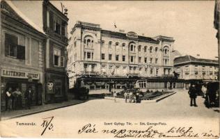 1905 Temesvár, Timisoara; Szent György tér, Temesvári Első Takarékpénztár, Leitenbor József üzlete. D.T.C.L. / square, bank, shop (EK)