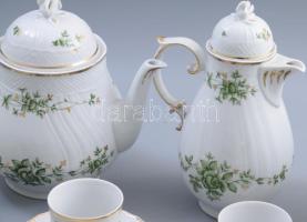 Hollóházi Erika mintás teás és kávés készlet 21 darabja, 1-1 lepattanással, jelzett, közte talpas kí...