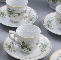 Hollóházi Erika mintás teás és kávés készlet 21 darabja, 1-1 lepattanással, jelzett, közte talpas kí...