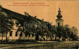 1911 Perjámos, Periam; római katolikus templom az elemi iskolával. W.L. 1330. / church, school + " PERJÁMOS - VALKANY 90." sz. vasúti mozgóposta bélyegző (fa)