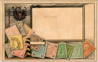 Set of Austrian (Austro-Hungarian) Heller stamps, coat of arms. Philatelie-Ansichtskarte Ottmar Zieher No. 6. Art Nouveau, litho (lyuk / pinhole)