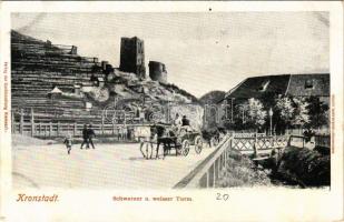 1902 Brassó, Kronstadt, Brasov; Schwarzer und weisser Turm. Buchhandlung Hiemesch, Kunstanstalt Louis Glaser (Leipzig) / Fekete és vörös torony / towers