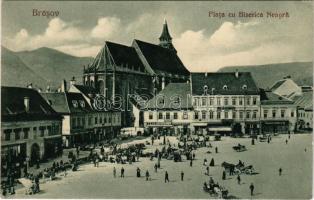Brassó, Kronstadt, Brasov; Piata cu Biserica Neagra / Fekete Templom tér, J. L. &amp; A. Hesshaimer, Heinrich Wagner, Wilhelm Scherg üzlete, piac, Albina Bank / Black Church Square, shops, market, bank (EK)