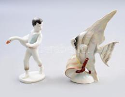 Hollóházi hal + libát hordó fiú, jelzett, m: 13-15,5 cm