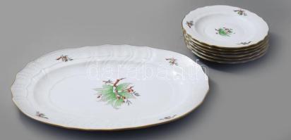 Herendi Hecsedli mintás szervírozó készlet. Szervírozó tál 38x28 cm, tálak d: 19cm, jelzett, 2. oszt. jelzés, hibátlan.