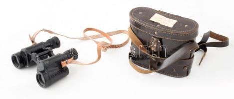 Régi fém katonai távcső, bőr tokjában, 16x12 cm