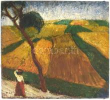 K. GY. jelzéssel: Hölgy a búzatábláknál. Olaj, vászon. Sérült. 48x51 cm