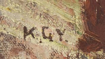 K. GY. jelzéssel: Hölgy a búzatábláknál. Olaj, vászon. Sérült. 48x51 cm